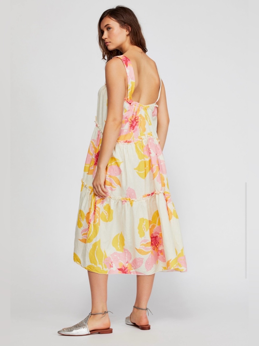 🤍💐EUC Free People “Moonshine Midi Dress” White🤍Pink💗Yellow💛Floral💐Sz Medium - Picture 8 of 15